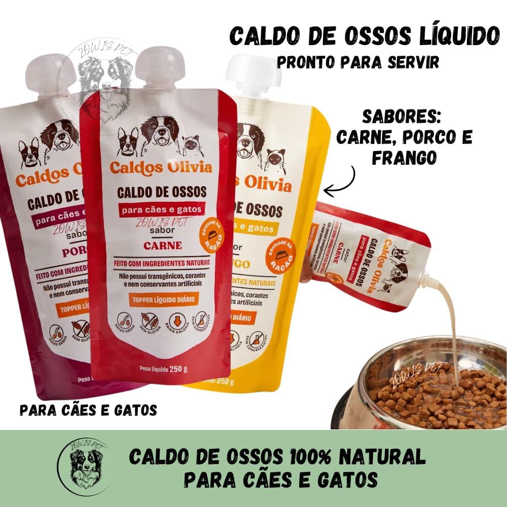 Caldo De Ossos Liquido de Carne Bovino e Frango e Porco Suíno Para Cães e Gatos 250g Pronto para Servir - Caldos Olivia