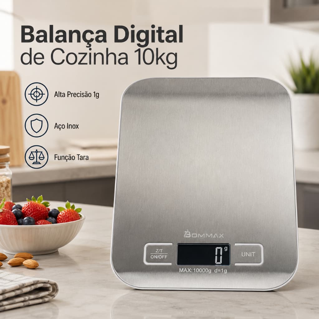Balança Digital de Cozinha 10kg Aço Inox Alta Precisão 1g LCD Bommax