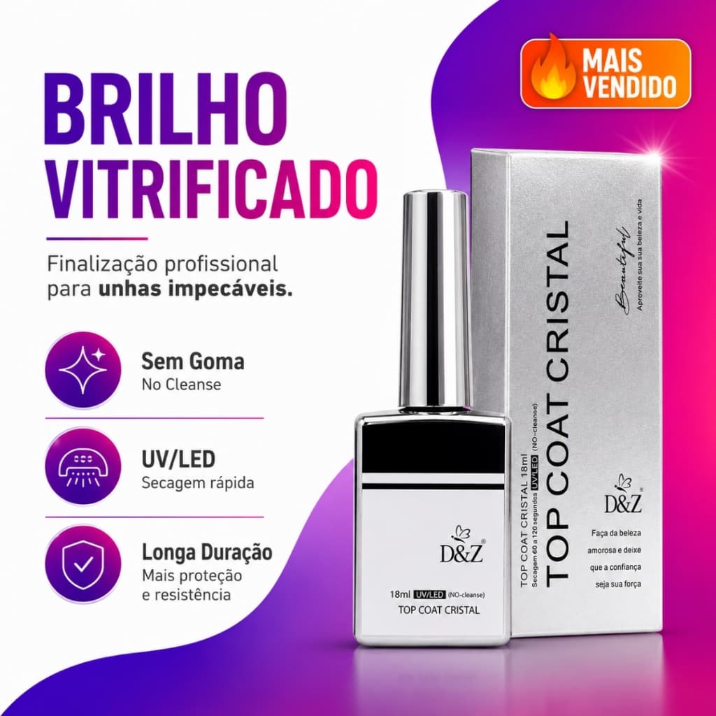 Top Coat Unha Gel D&Z 18ml Profissional Extra Fino Brilho Cristalino Anti-Risco UV LED Manicure Nail