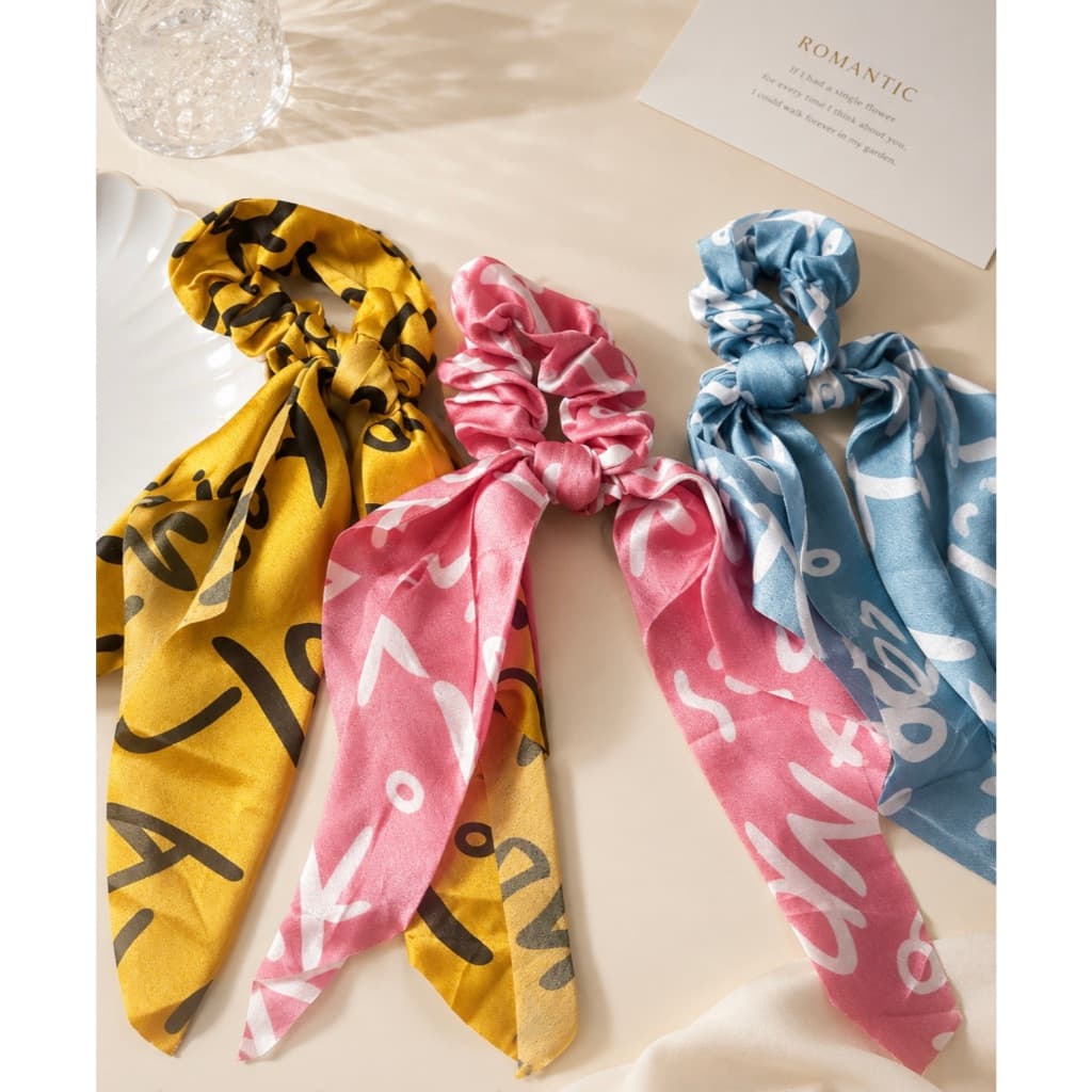 Elástico de cabelo com faixa longa estampa letras, acessório feminino elegante para rabo de cavalo