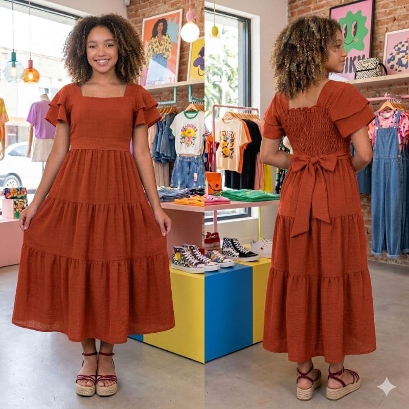 Vestido Juvenil Infantil Midi Manga Dupla Princesa Três Marias Moda Evangélica Com Faixa Cinto