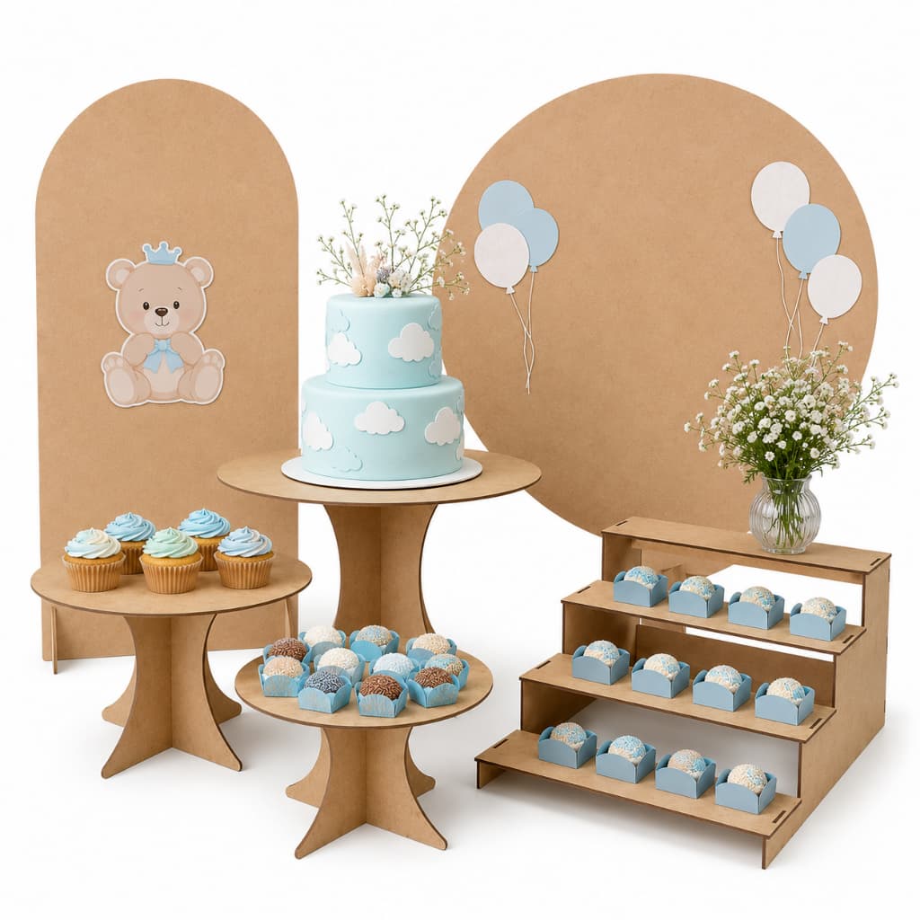 Kit Festa MDF Cru Completo Painéis E Boleiras Decoração Personalizável Unidades