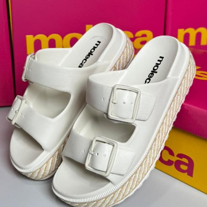 Sandália Slide Moleca Feminina Branca Plataforma Com Fivelas Ajustáveis Casual Premium