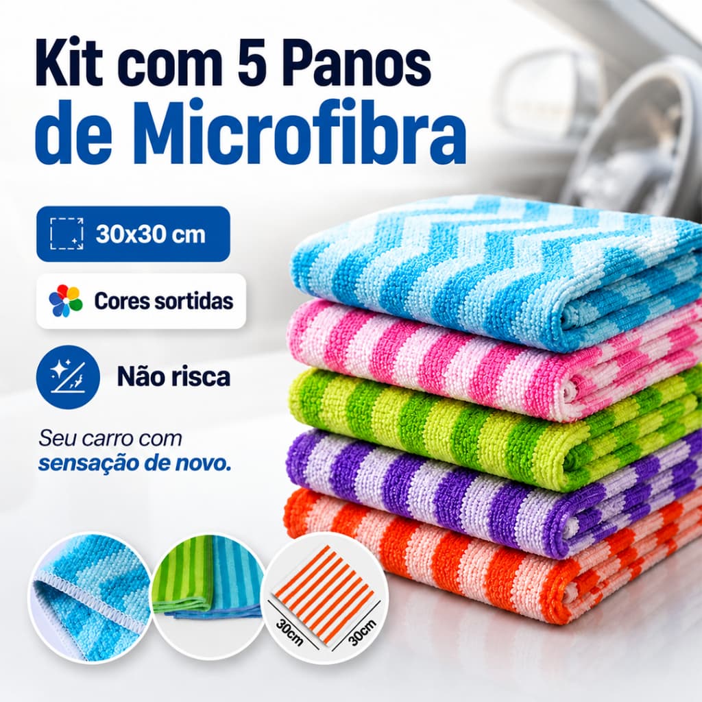kit 5 panos microfibra 30x30cm multiuso limpeza casa carro moveis eletrodomesticos sortido