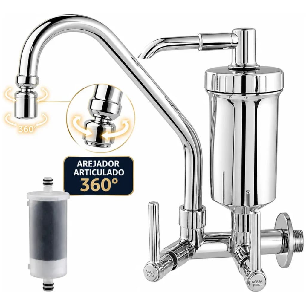 Torneira Com Filtro Cozinha Parede Ou Bancada  Cromada Gourmet Bico Articulado Arejador 360 Premium