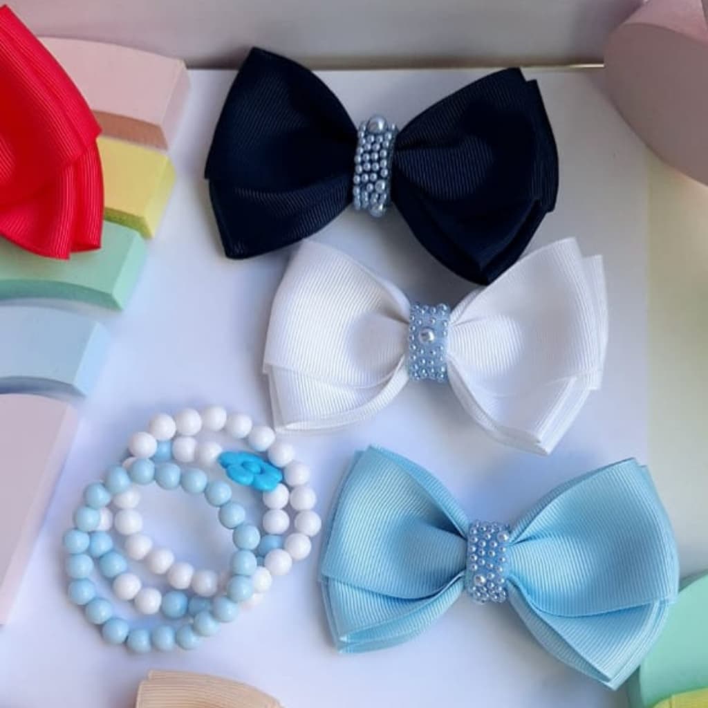 Kit 3 Laços e 3 Pulseiras Infantil Artesanal - Acessórios Combinando