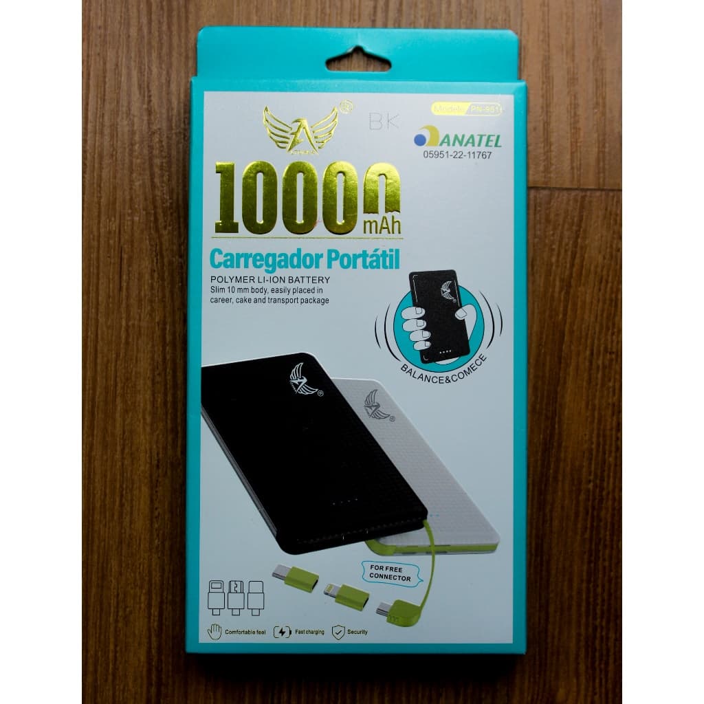 Power Bank 10.000mAh Slim com 3 Conectores e LED