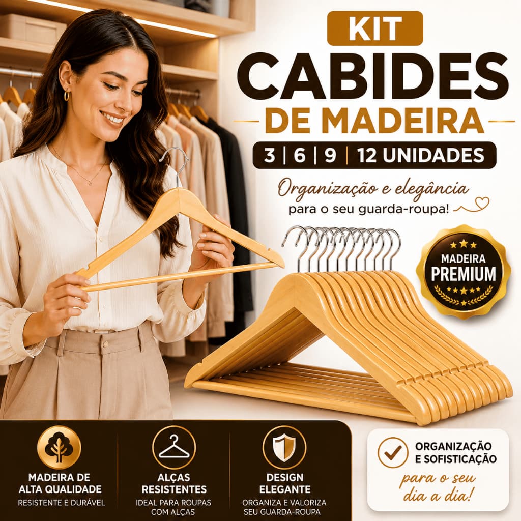 Kit 3, 6, 9 ou 12 Cabides de Madeira com design exclusivo alta resistência Camisa Blusa Palito short