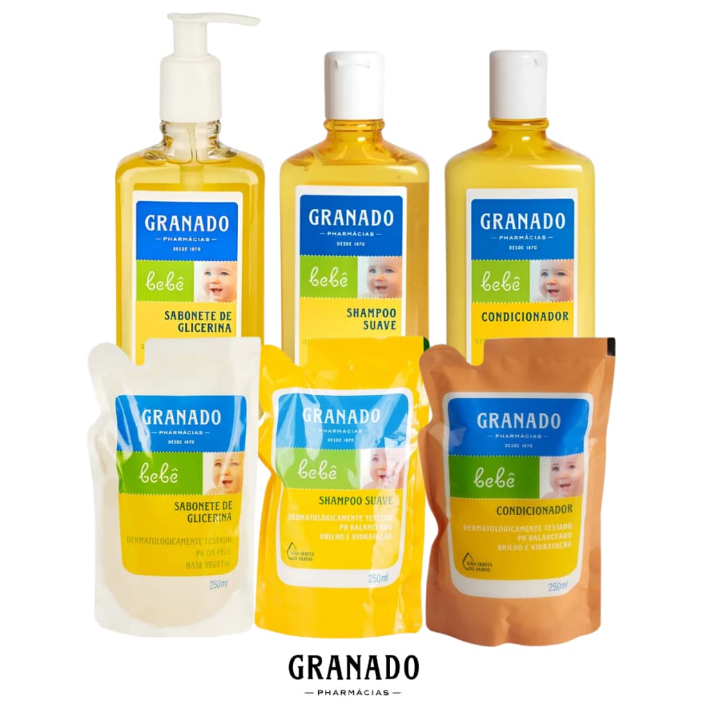 Kit Banho Granado Bebê Glicerina Tradicional + 3 Refil – Shampoo + Condicionador + Sabonete Líquido 250ml cada