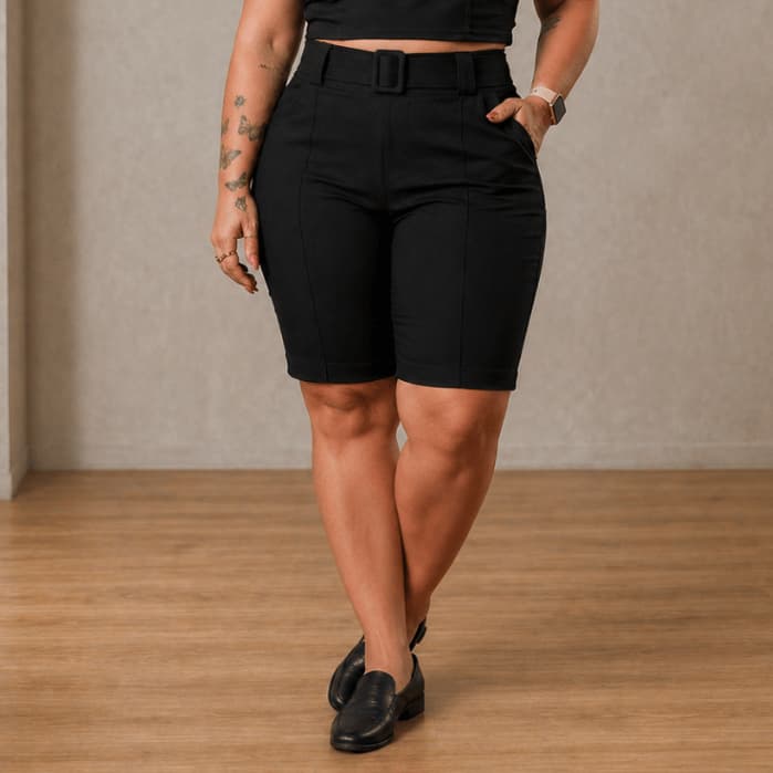 Bermuda Plus Size Feminina Bengaline Social com Cinto Fivela Alfaiataria Cintura Alta 42 ao 52