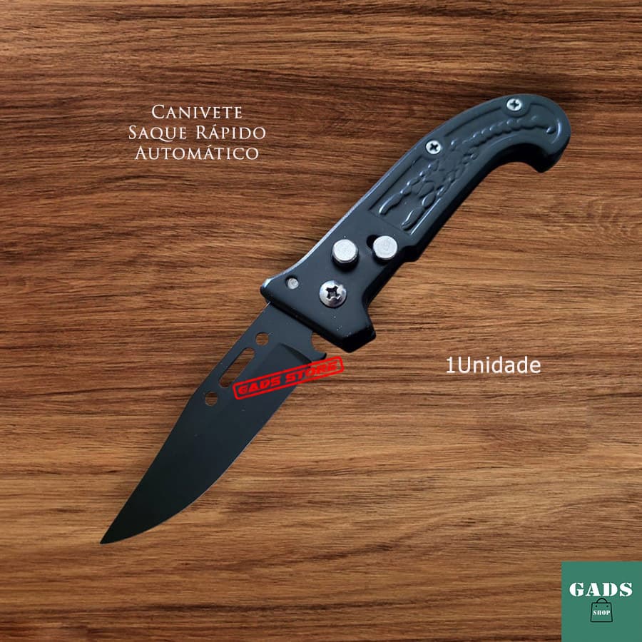 Canivete Automático Com Trava Militar Saque Rápido Aço Inox Preto 16cm Pesca Camping Trilha KA703