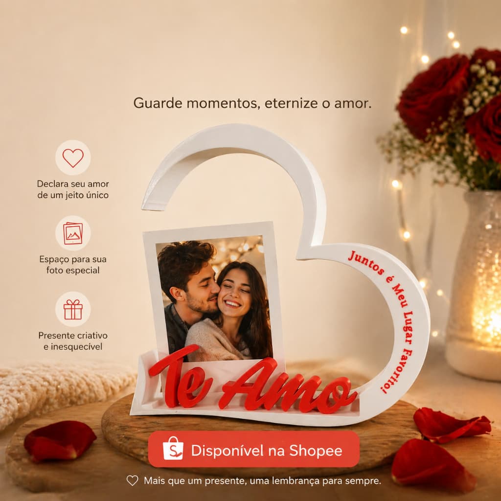 Porta Retrato Coração com Letreiro Te Amo Presente Romântico Para Casal Família Presente Criativo Decoração Quarto Sala