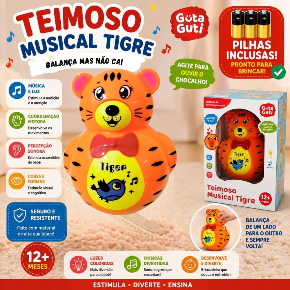 Brinquedo Musical Infantil Tigre Teimoso Luz e Som Divertido Para Presente