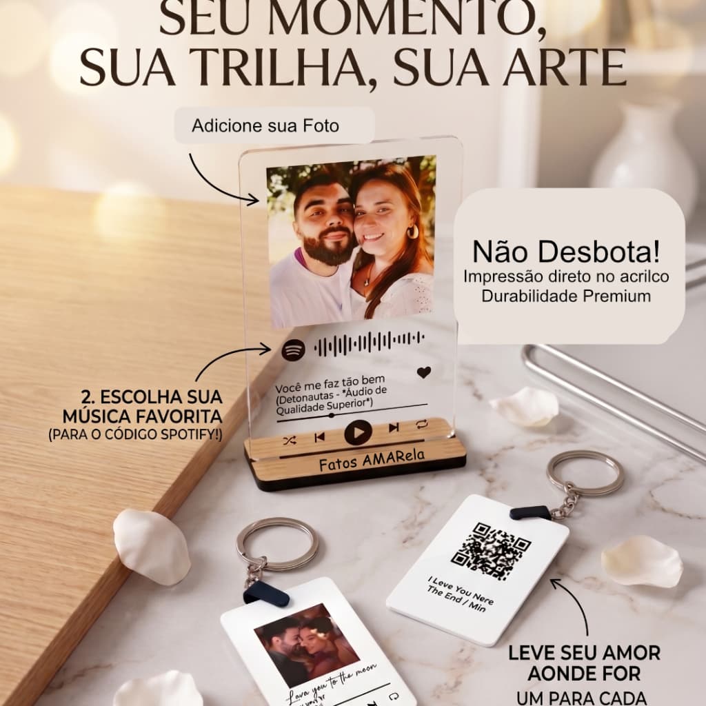 Kit Placa Interativa 10x15 Acrílico Com Base Madeira + Chaveiro Personalizado Foto Musica Não Desbota Presente Criativo