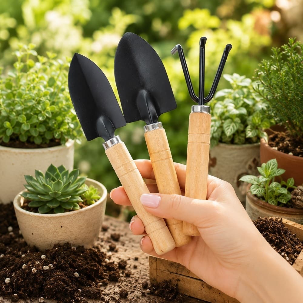 Kit Jardinagem 3 Peças com 2 Pás (pa) e Rastelo Cabo de Madeira para Vasos, Horta, Jardim e Plantas