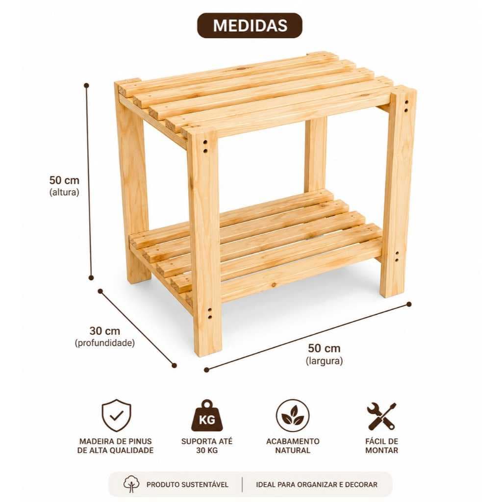 Estante Organizadora de Madeira 2 Andares Pinus Sala Banheiro Cozinha Decoração