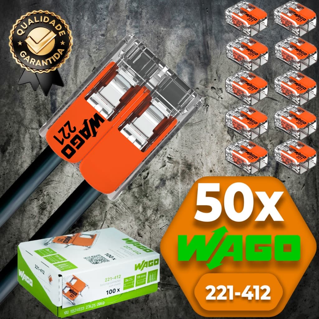 Conector de Fio Elétrico Wago 221-412 Conector Wago Emenda 4mm² 32A Conexão Automática Kit 50 peças
