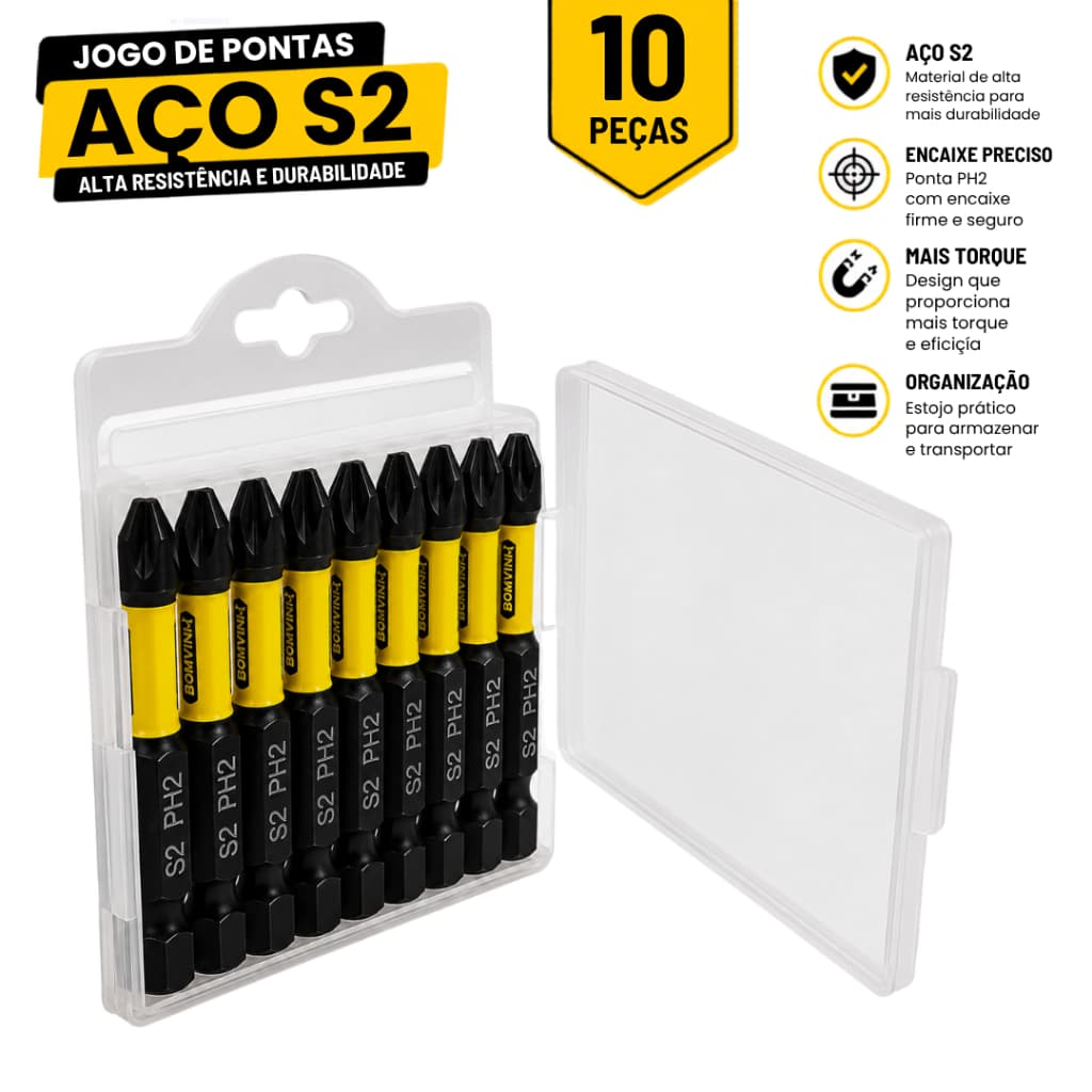 Jogo Pontas Phillips Ph2 Impacto Aço S2 10 Pçs Profissional Alta Resistência original
