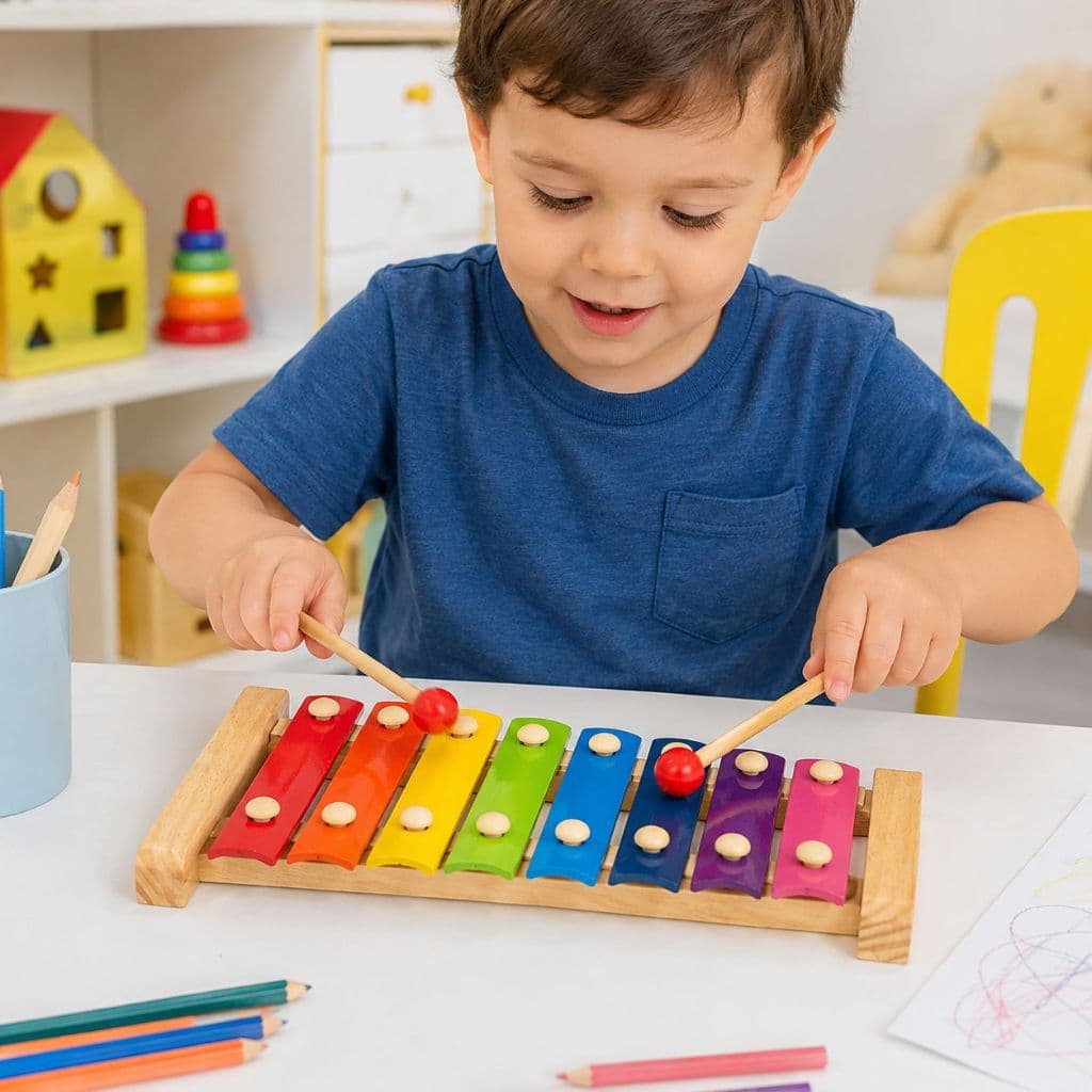 Xilofone De Madeira E Aço Infantil Colorido Baquetas