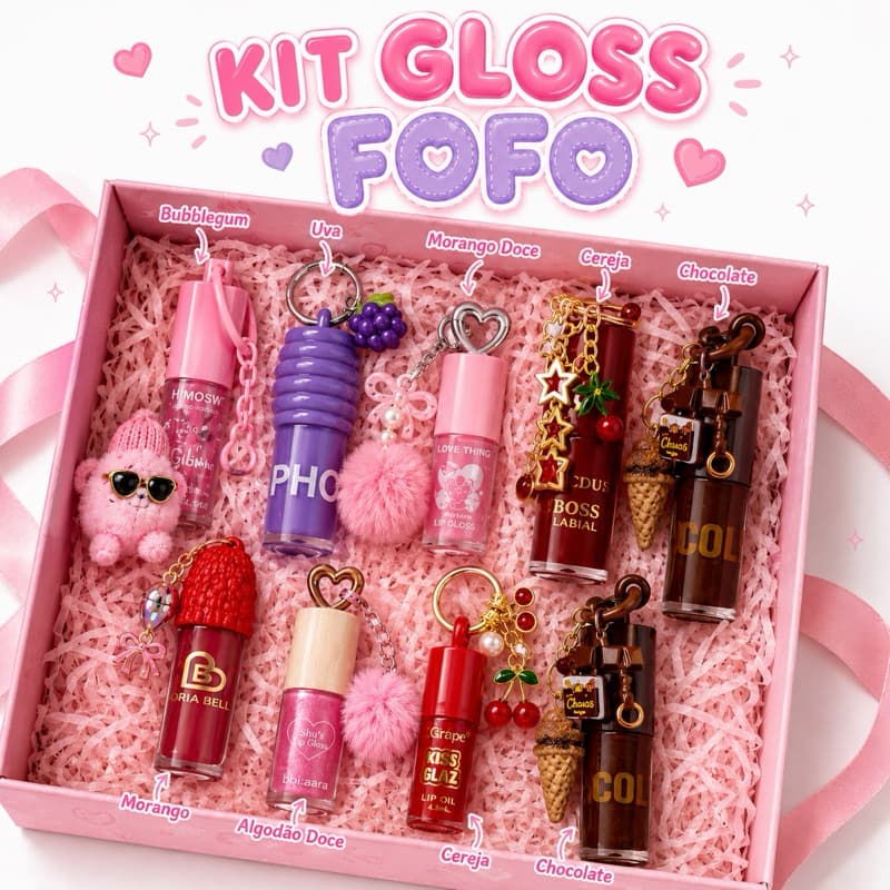 Kit 10 Gloss Fofo Lip Gloss Chaveiro Kawaii Hidratante Brilho Labial Atacado Presente