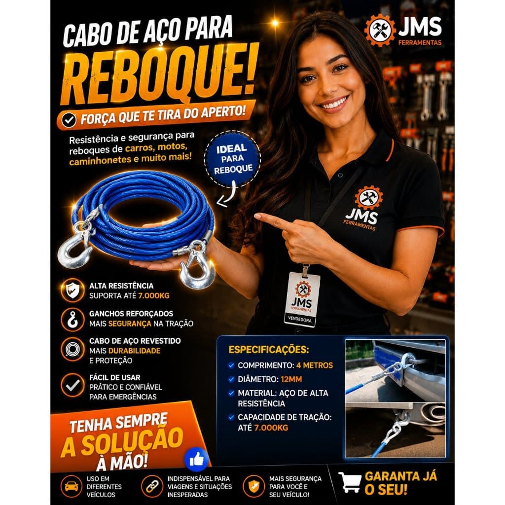 Cabo De Aço Para Reboque 4m X 12mm Toneladas Com Ganchos - Idea