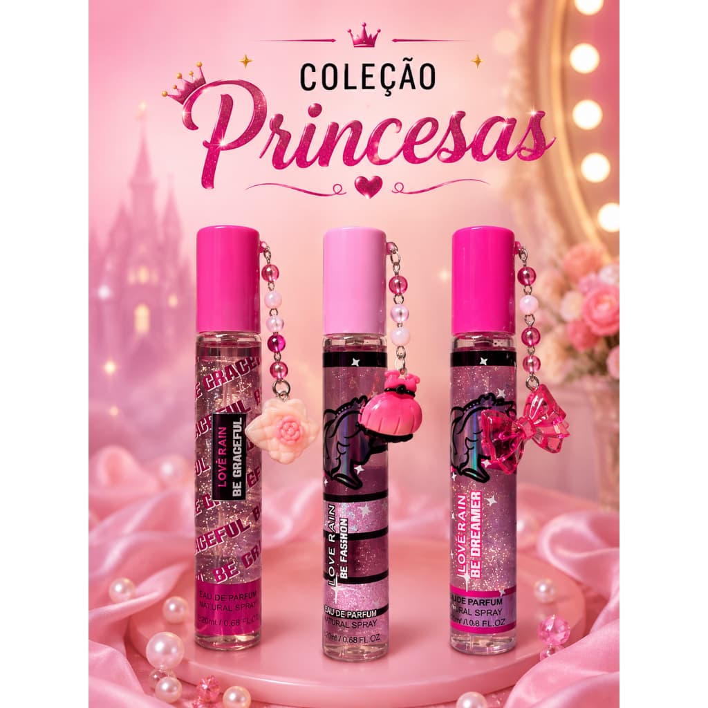 Perfumes de Bolsa 20ml com Chaveiro | Fragrância Delicada, Glitter Brilhante e Coleção Barbiee Princesas Love Rain