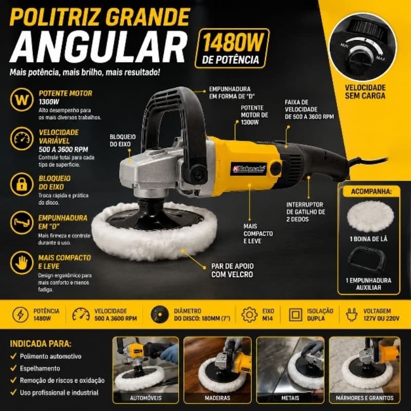 Politriz Lixadeira Esmerilhadeira Angular 1350W 5Pol Automotiva 125mm Multifunçoes .