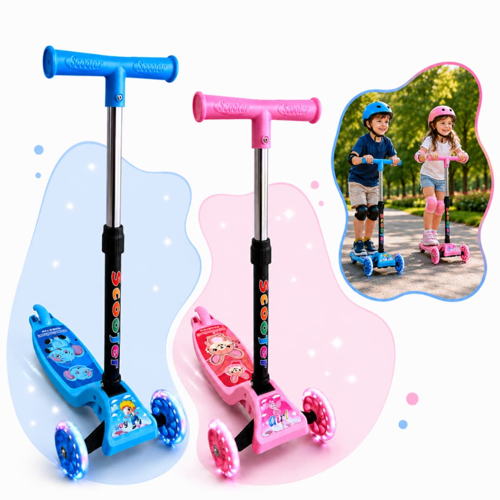 Patinete Infantil 3 Rodas Com Luzes LED Regulável Scooter Dobrável Criança Menino Menina