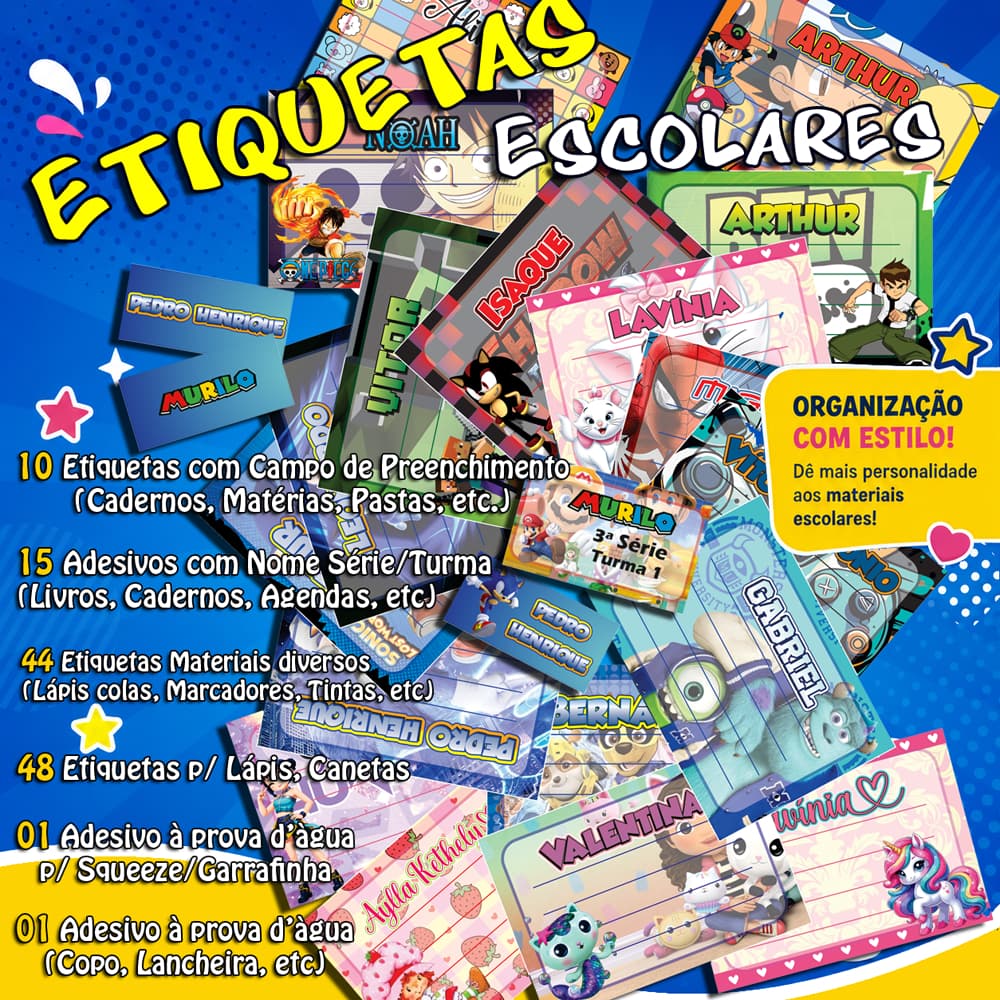 Etiquetas Escolares Personalizadas, Meninos, com Nome, Adesivos Kit para Lápis, Cadernos, Livros, Garrafinha d água