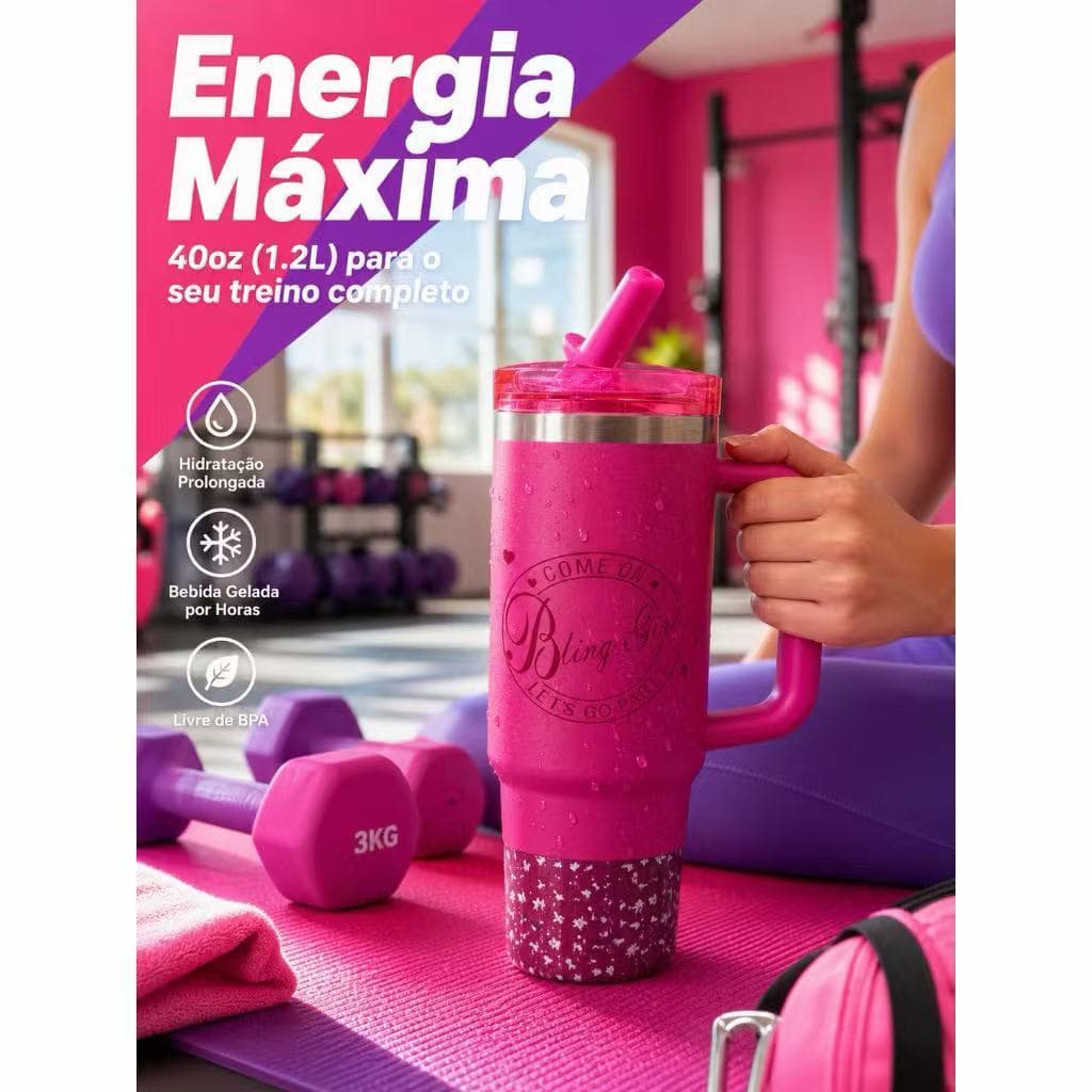 Garrafa Térmica  900ml Rosa | Copo Personalizado de Inox com Tampa e Canudo