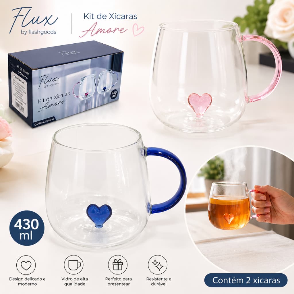 JOGO DE CANECA XICARA DE VIDRO BOROSSILICATO CORACAO AMORE FLUX COM 2 PECAS 430Ml