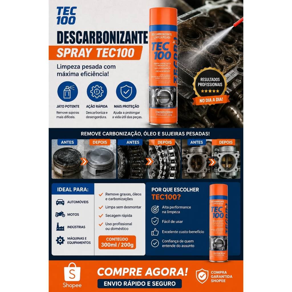 Spray Descarbonizante TEC 100 300ml Remove Carbonização Graxa Óleo Limpeza Rápida Automotiva