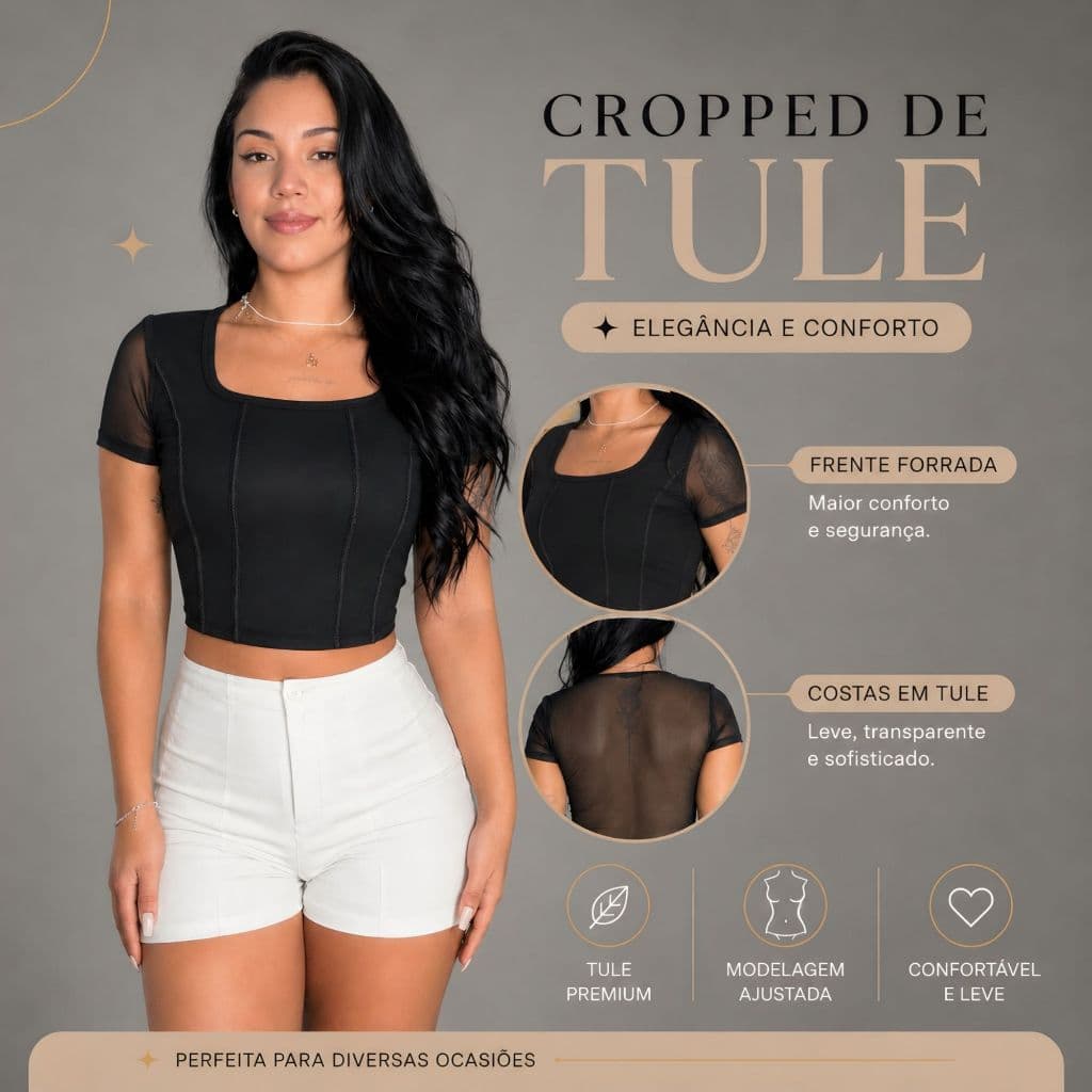 Cropped Tule Preto Manga Curta Frente Forrada
