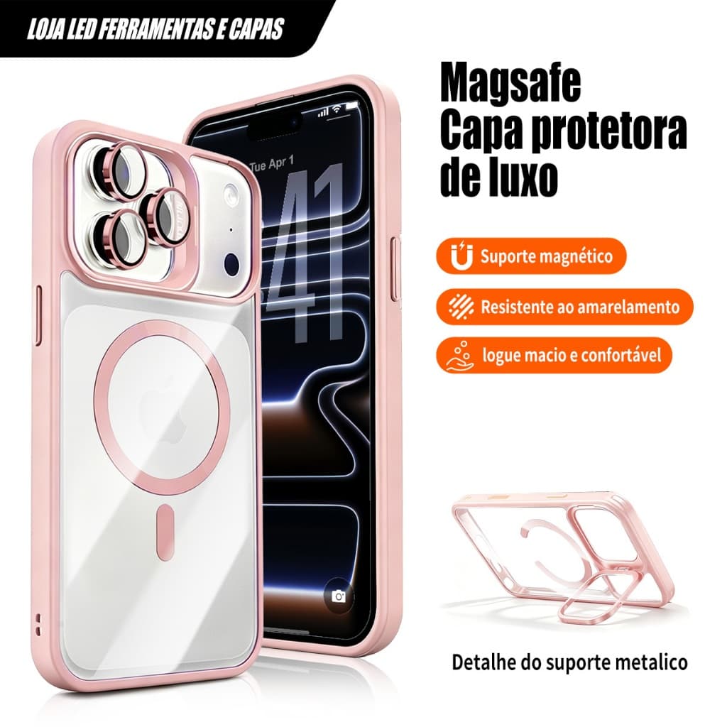 Capa De Suporte De Metal Para iPhone 16 Pro Max 17 15 14 13 Dura Transparente À Prova De Choque