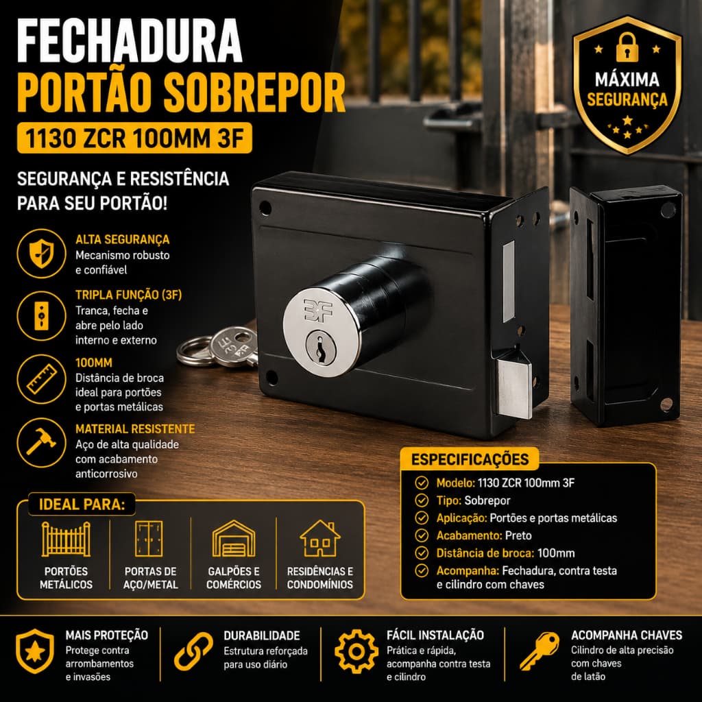 Fechadura Portão Sobrepor 1130 Zcr 100mm 3f