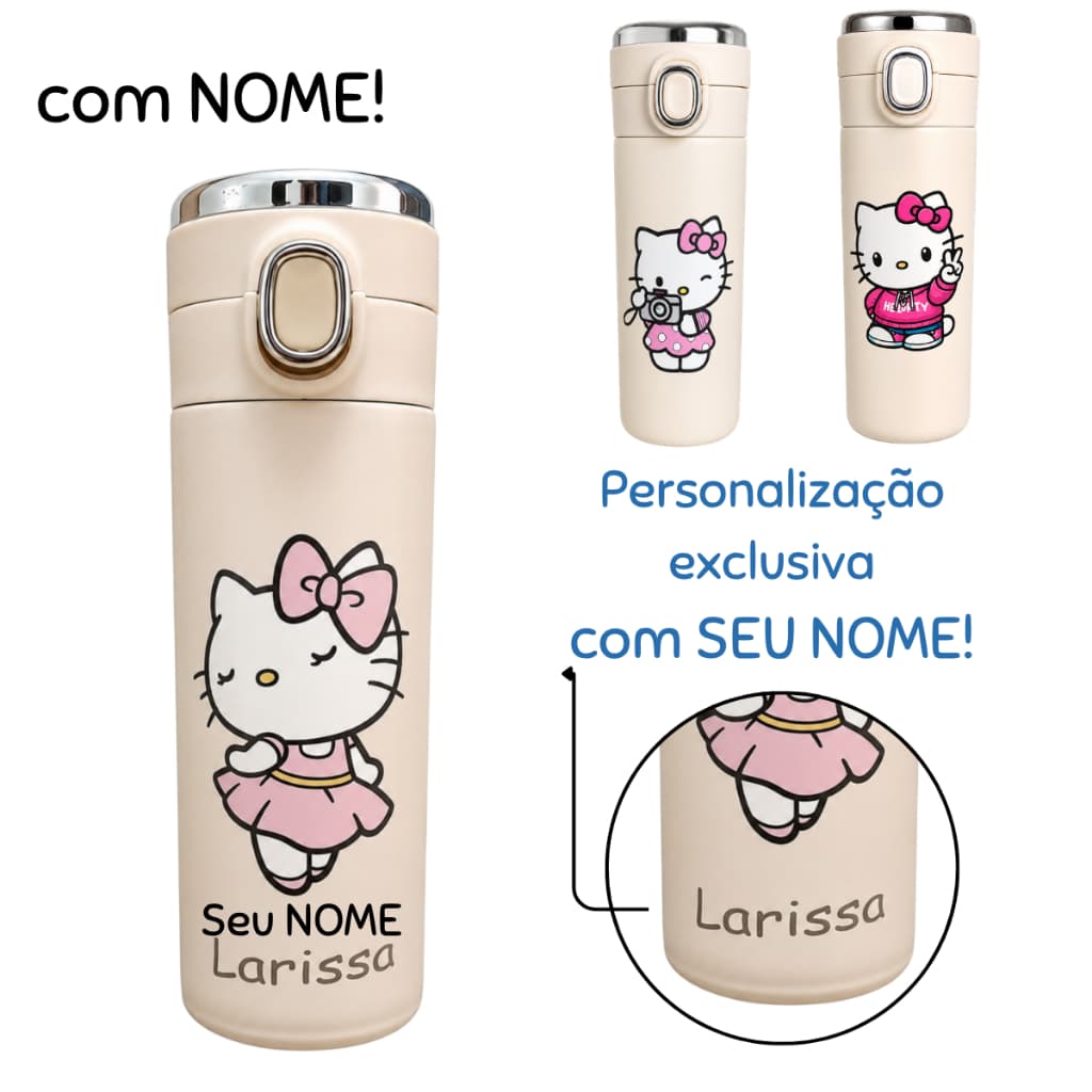 Garrafa Térmica HELO KITTY Personalizada com NOME infantil trava de segurança medidor térmico Inox  adulto Escolar