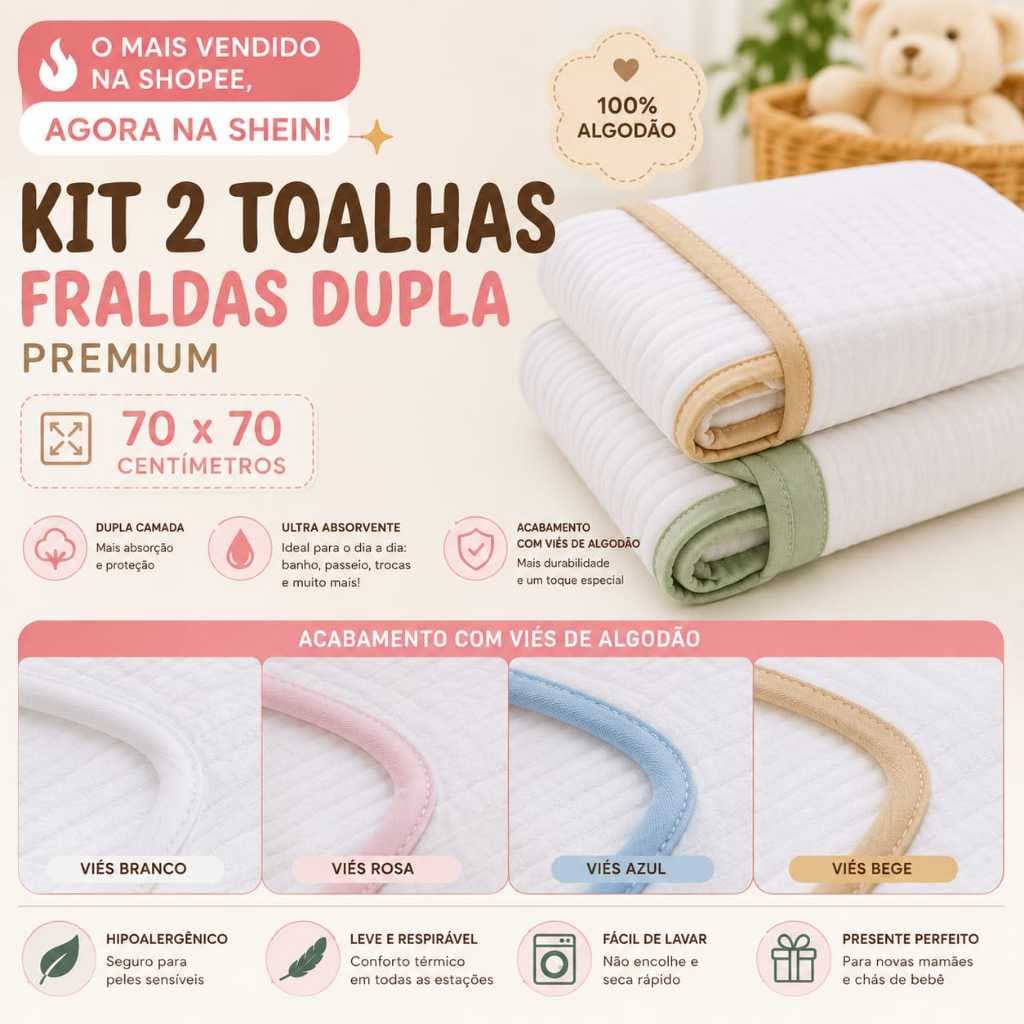 kit 2 Toalhas Fraldas SEM CAPUZ. Fralda Dupla Premium 100% Algodão 70cm x 70cm para bebê.