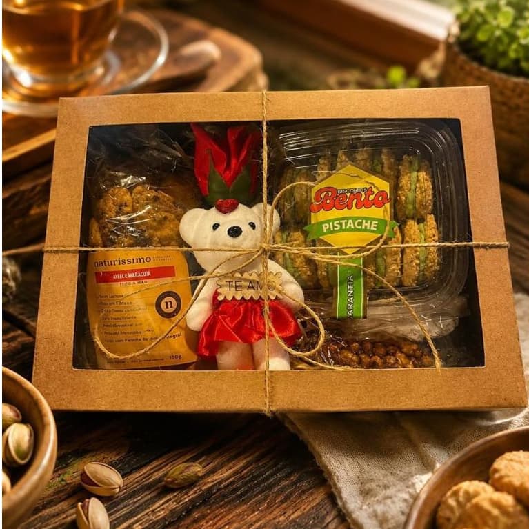Kit Presente Romântico com Ursinho Rosa Biscoito de Pistache e Cookies Gourmet