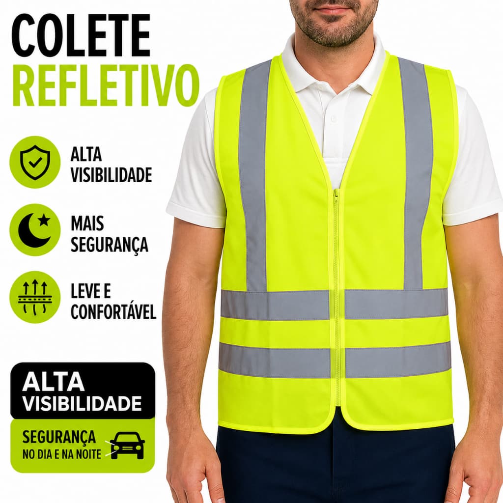 Colete Refletivo Segurança Fluorescente Epi Amarelo Laranja Transito Masculino e Feminino NBR 15292