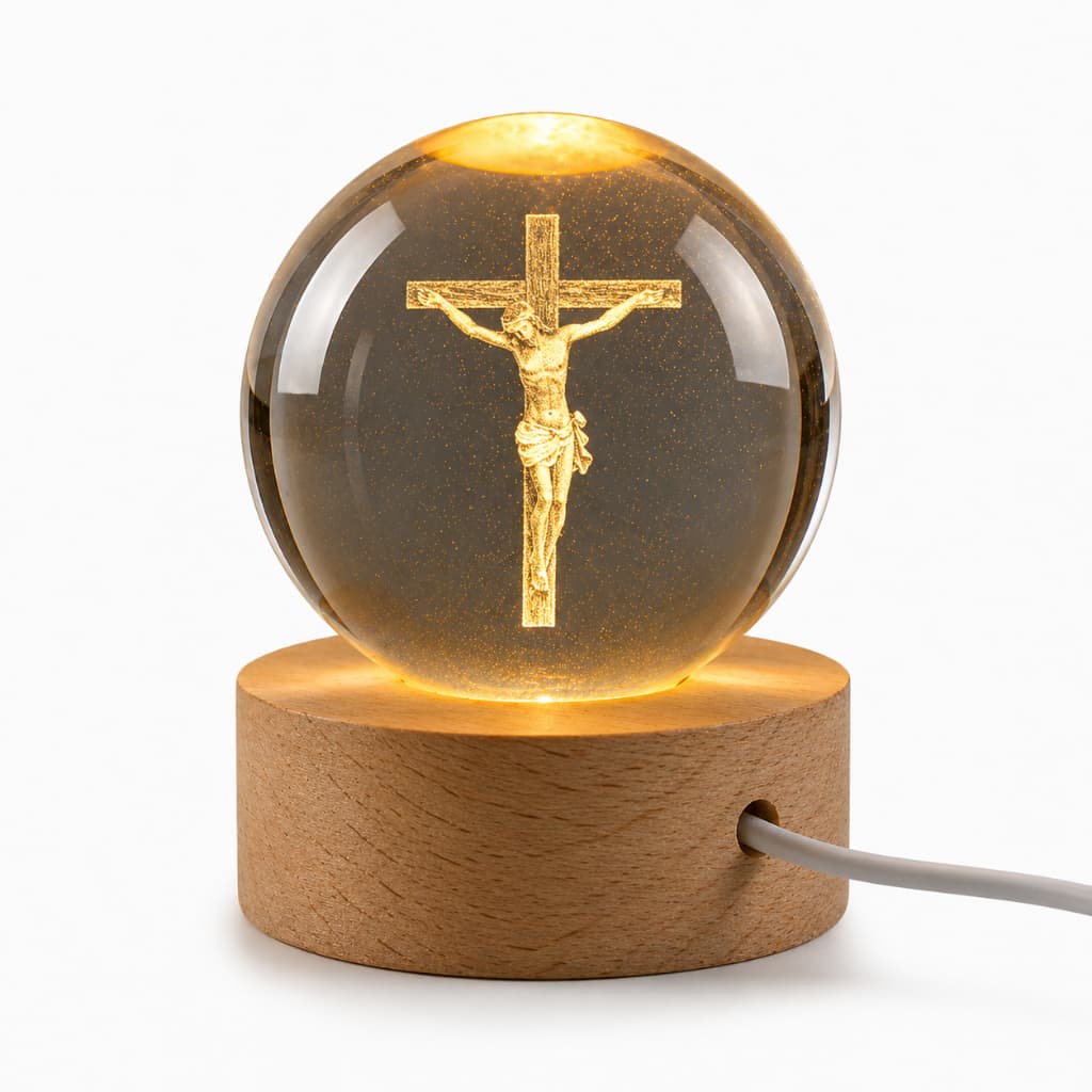 Luminária de Mesa Bola de Cristal Abajur para Sala Vintage Base Madeira Jesus Cristo 3D USB Bíblia