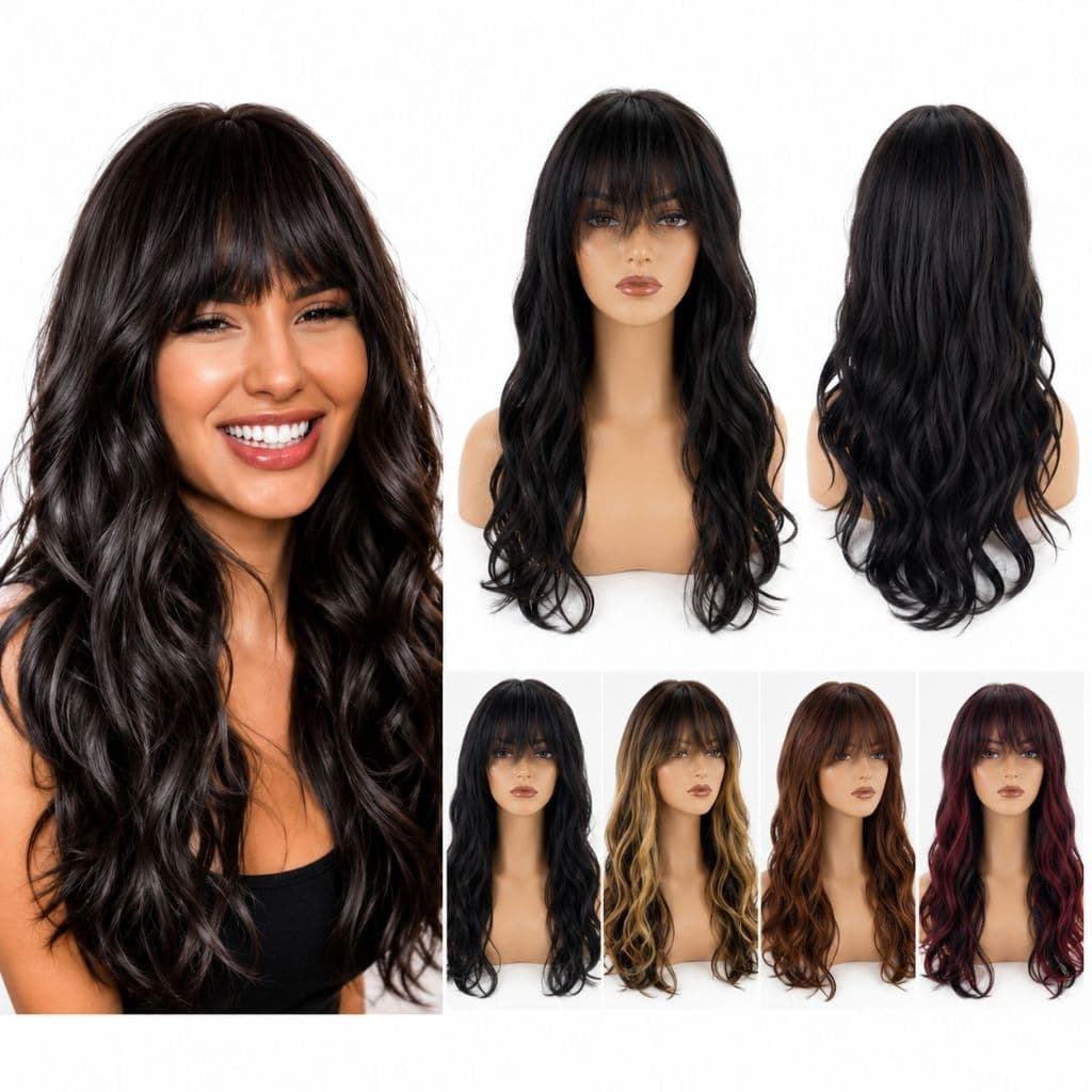 Peruca Orgânica lace Wig Ondulada com franja  longa 60cm Idêntica ao Humano
