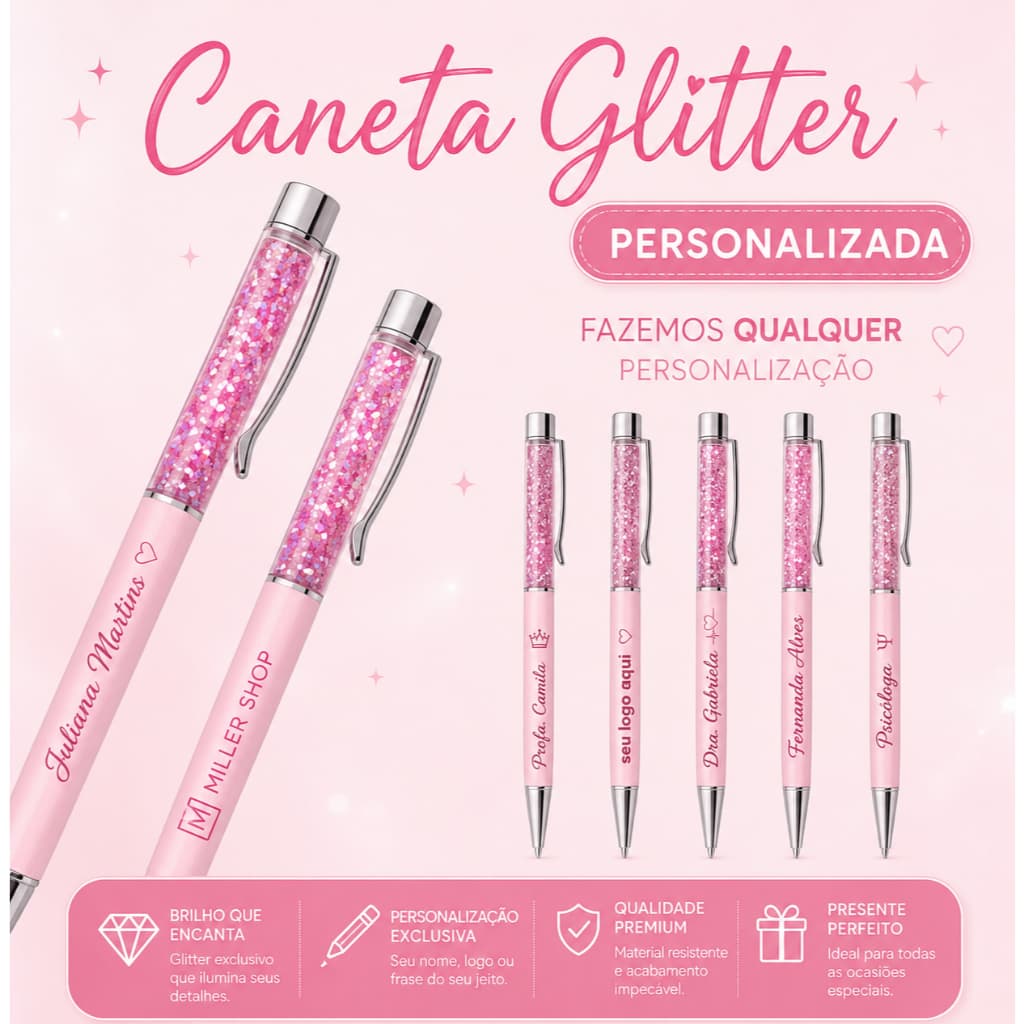 Caneta Metal Glitter Personalizada