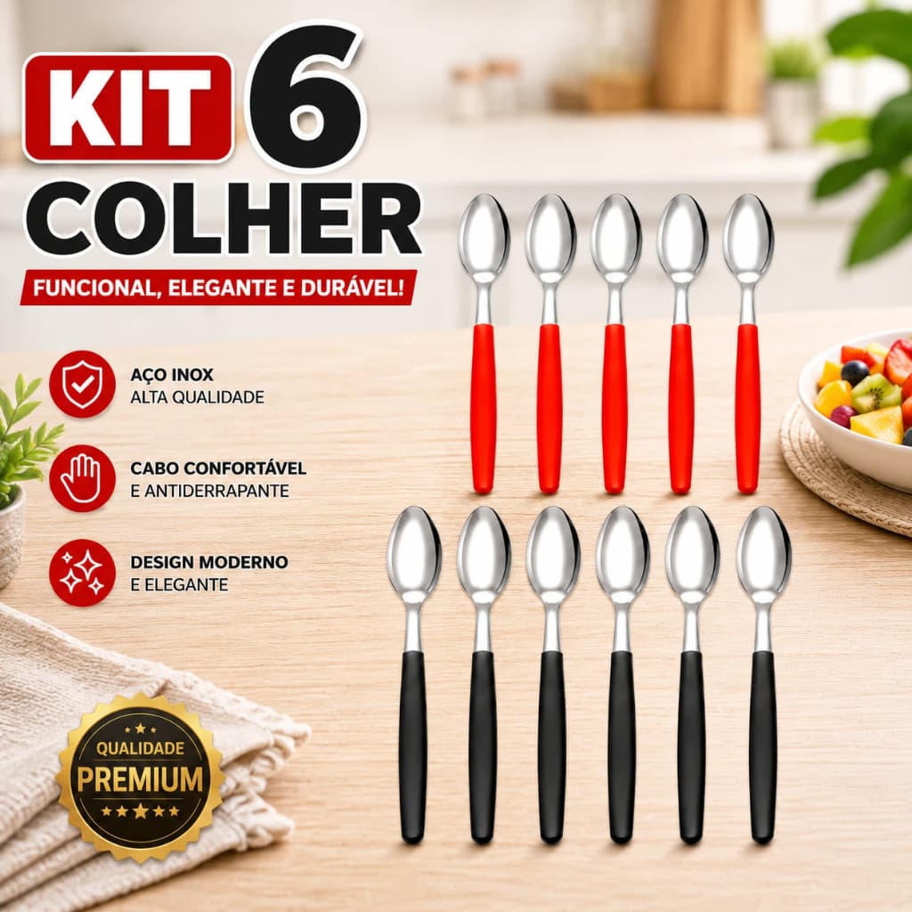 Kit Talheres 6 Colheres de Aço Inox com Cabo Plástico vermelho/preto para Mesa cozinha