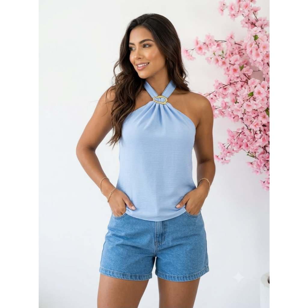 Blusa Feminina Frente Única Com Argola Elegante Regata Crepe Moda Tendência