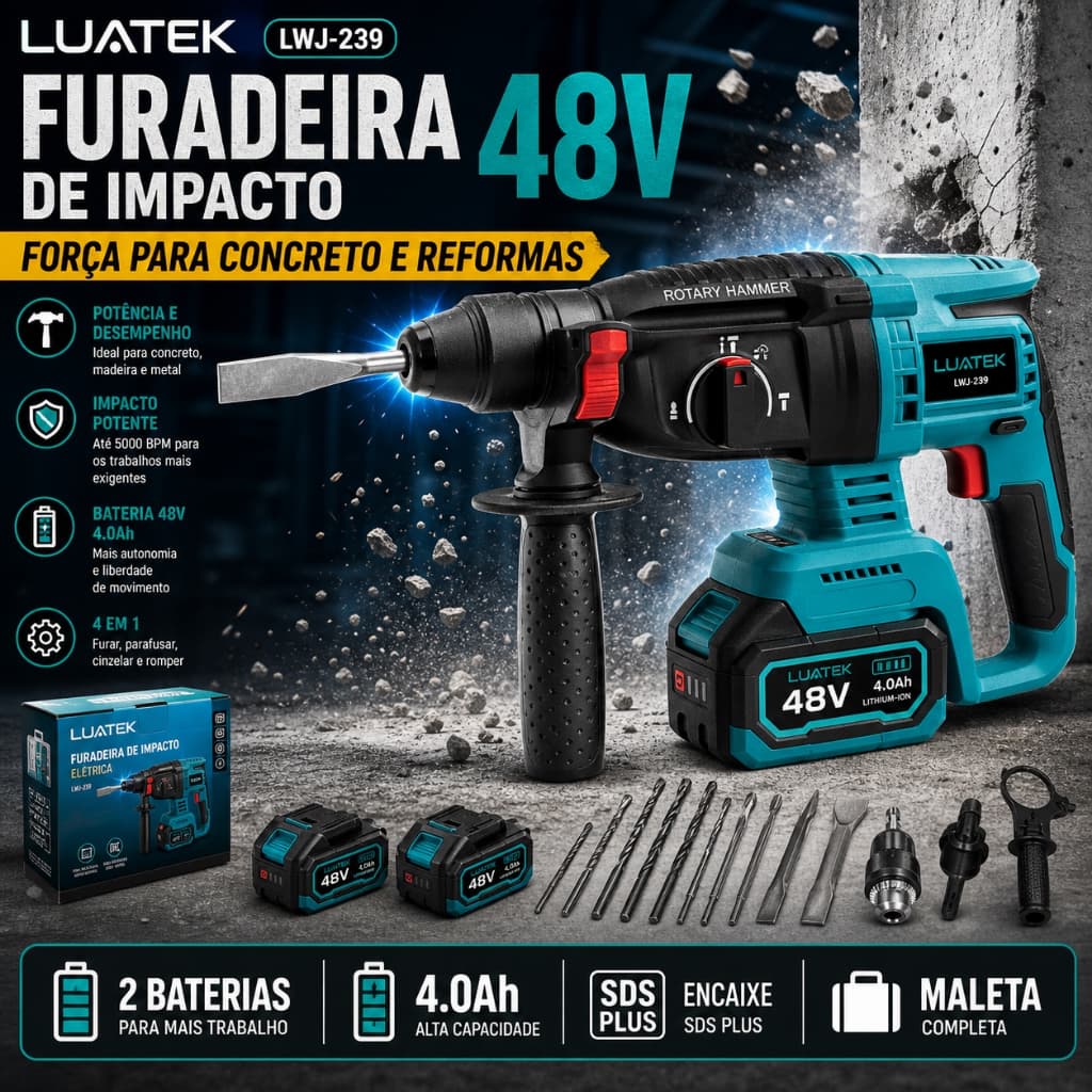 Luatek LWJ-239 – Martelete Perfurador e Rompedor Sem Fio 48V com 2 Baterias 4.0Ah e Sistema SDS Plus