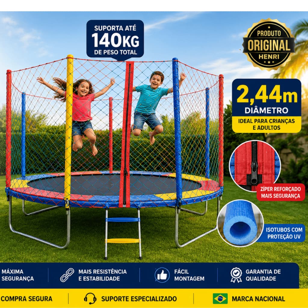 Cama Elástica Pula Pula Henri Trampolim 2,44m Completa Rede Proteção Escada Infantil Premium 140kg