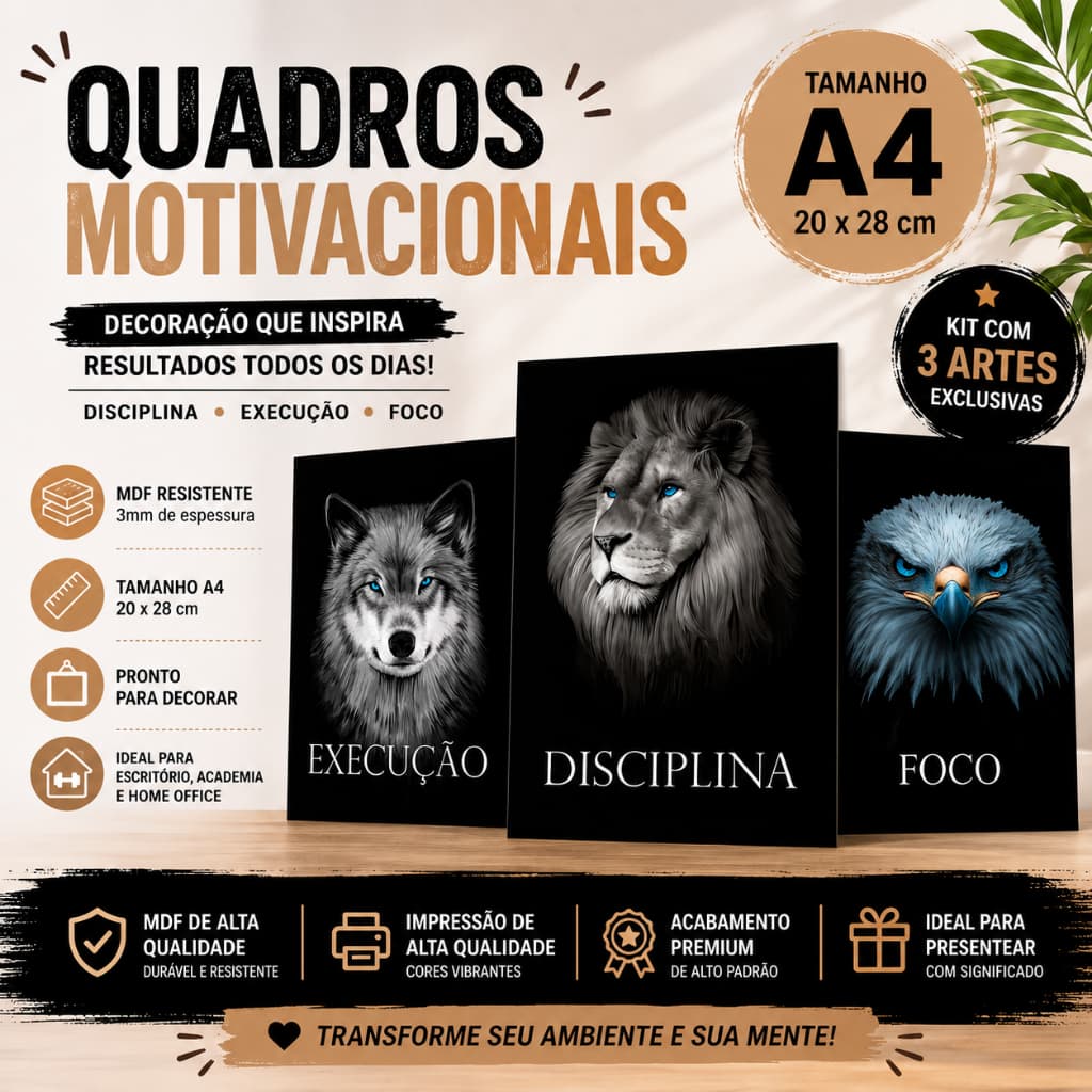 Quadro Motivacional MDF A4 Foco Disciplina Execução | Decoração Escritório Academia