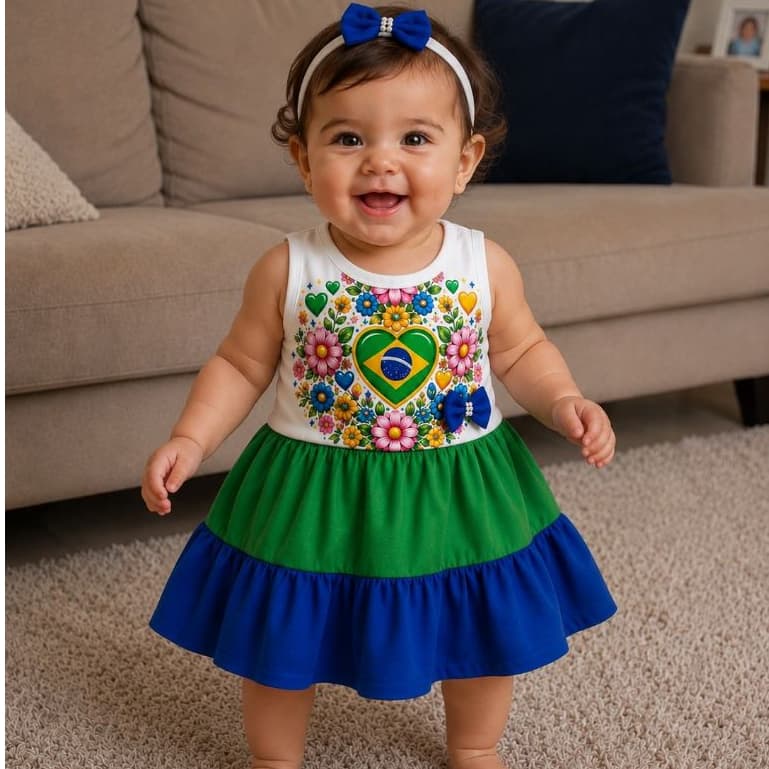 Vestido Bebê Infantil  Menina Copa Brasil Roupas Algodão Tam. P ao 4 anos | Diversas Cores