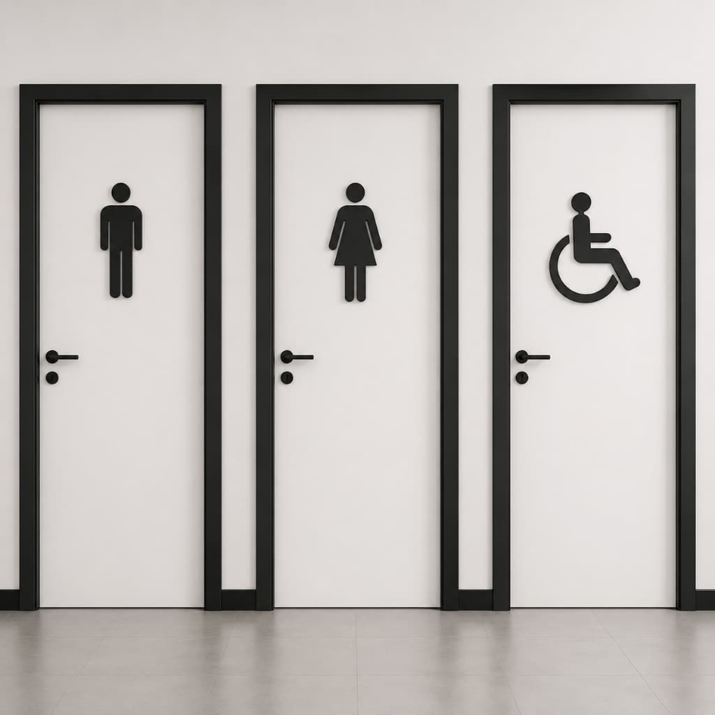 Placa de Sinalização Banheiro Decorativa - Masculino, Feminino e Acessível/Cadeirante