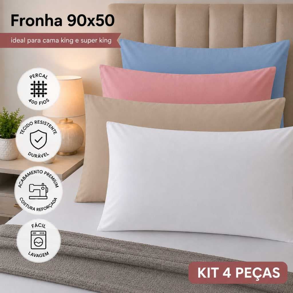 Kit 04 Fronhas Brancas para Travesseiro King e SuperKing,90x50,Percal 400 fios, CapaPortaTravesseiro